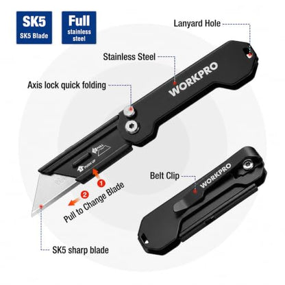 WORKPRO EDC Folding Utility Knife, Mini Box Cutter with Quick Open Axis Lock, Quick Change Blade Razor Knife, Foldable Small Pocket Knife with Belt Clip - color: Black