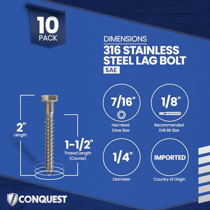Conquest Lag Bolts 1/4" x 2" - size: 1/4"-10 x 2"