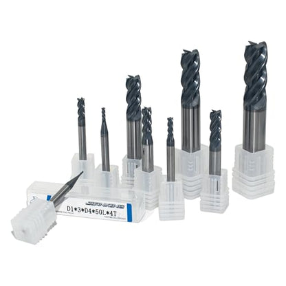1mm-12mm 4-Flute Carbide Square End Mill Set, AP Coating, 9-Pack - size: 1mm-12mm