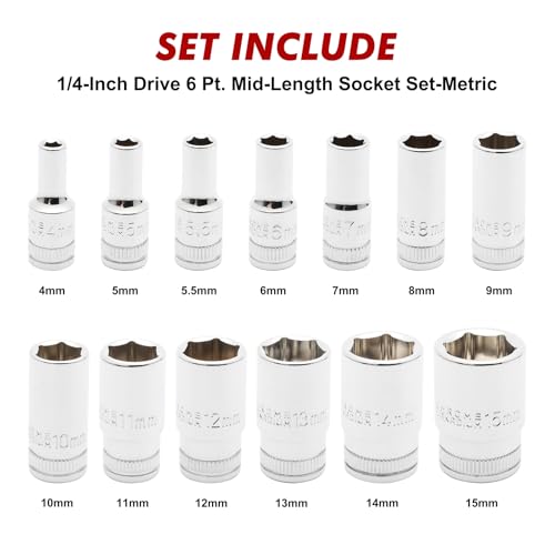 CASOMAN 13PCS 1/4"Drive Mid-Length Socket Set, 6-Point, Mirror Chrome Finish, Metric, 4mm to 15 mm - size: 1/4"Dr., Mid-Length, 4.0 to 15.0mm