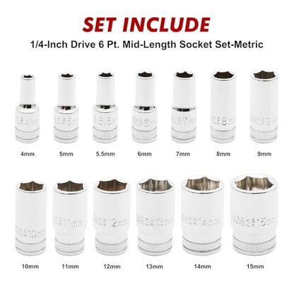 CASOMAN 13PCS 1/4"Drive Mid-Length Socket Set, 6-Point, Mirror Chrome Finish, Metric, 4mm to 15 mm - size: 1/4"Dr., Mid-Length, 4.0 to 15.0mm