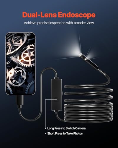 VEVOR Endoscope Camera with Light, Dual Lens Borescope for Android & iOS, 1920P HD Inspection Camera with 8 + 1 LED Light, 2X Zoom, 16.4FT Snake Cable, IP67 Waterproof Snake Camera for Auto, Plumbing - size: 16.4FT