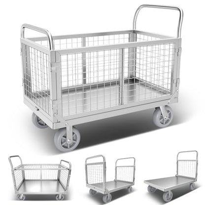 Platform Truck Cart with Cage, Multipurpose 6 in1 Foldable Flatbed Cart Heavy Duty Push Cart Dolly W/Swivel Wheels 2000lbs Capacity Utility Hand Cart for Grocery/Laundry/Stall/Storage - style: 39"x24" with High Fence