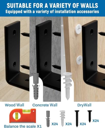 LEOPO 8 inch Shelf Brackets 12-Pack, 1/5" Thick Floating Shelf Bracket - color: black-12 pack, size: 7.25"