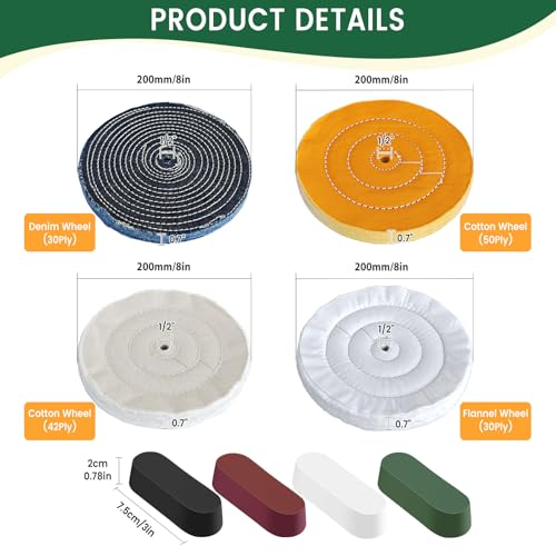8PCS 8 Inch Buffing & Polishing Wheel Kit for Bench Grinder, 1/2" Arbor Hole, Denim/Yellow/White/Flannel Polishing Wheels with 4 Buffing Compound Set,Polishing Rouge Bars - size: 8 Inch - 8 PCS