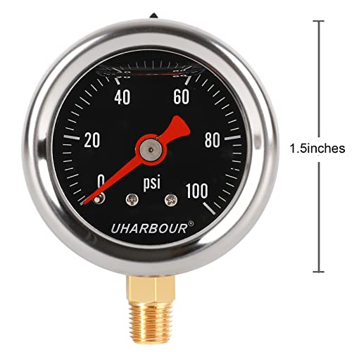 UHARBOUR Glycerin Pressure Gauge 0-100Psi, 1-1/2" Black Dial - size: 0-100PSI, style: Lower Mount（black dial）
