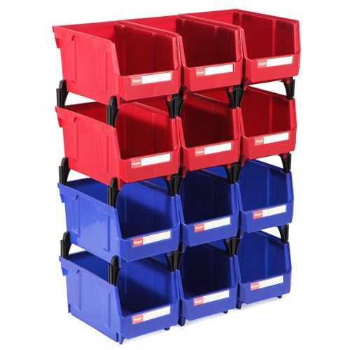 12 Packs Stackable Storage Bins, 7" x 5" x 4" Parts Bin, - color: Blue & Red 12pack, size: 7x5x4 inch