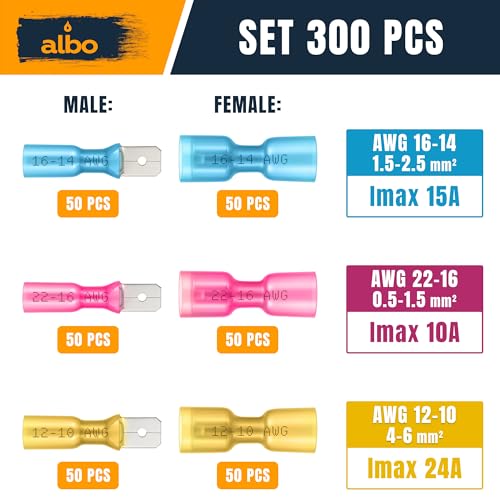 ALBO 300 Pcs Heat Shrink Male and Female Spade Connector Kit, 22-10 AWG - color: Spade Set 300pcs 22-10 AWG