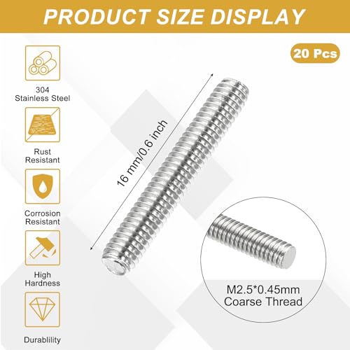 uxcell 20Pcs Fully Threaded Rod M2.5 x 0.45mm Pitch 16mm/0.6 Inch Threaded - size: M2.5x0.45mmx16mm
