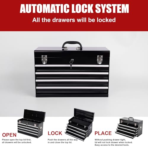 21-inch Portable Metal Tool Box with 4 Drawers, Steel Toolbox with Locking Lid, EVA-Lined Ball-Bearing Slides & Powder-Coated Finish, Top Tool Chest for Mechanic & Craftsman Use, Black - color: Black