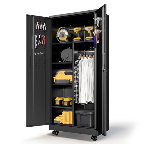 71'' Metal Garage Storage Cabinet with Wheels & Hanging Rod,Black - color: Black, style: 71"H 2 doors with Rod & wheels