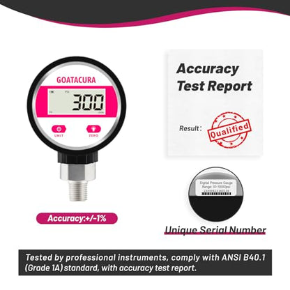 0-1000psi Digital Industrial Pressure Gauge, 2-1/2" Dial Size, 1/4" NPT Lower Mount, 304 Stainless Steel Case and Connection, 1% High Accuracy, with Protective Sleeve - size: 0-1000psi
