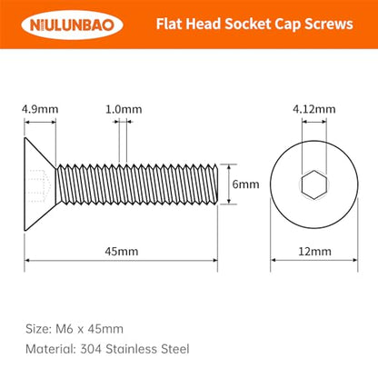 M6-1.0 x 45mm Flat Head Hex Socket Cap Screws Countersunk Bolts, 304 Stainless Steel, Metric Allen Socket Drive, Fully Threaded, Bright Finish, 30PCS - size: M6-1.0 x 45mm(30PCS)