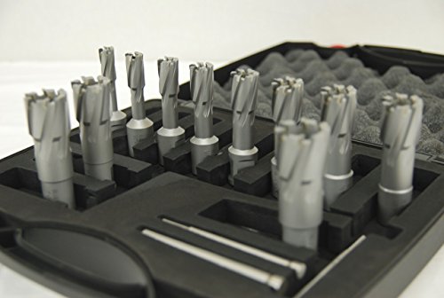 BLUEROCK 1-3/8" Depth TCT Annular Cutter Set for Magnetic Drills, 13-Piece Tungsten Carbide Kit with 11 Cutters, 3/4" Weldon Shank, 3 Pilot Pins & Case