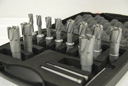 BLUEROCK 1-3/8" Depth TCT Annular Cutter Set for Magnetic Drills, 13-Piece Tungsten Carbide Kit with 11 Cutters, 3/4" Weldon Shank, 3 Pilot Pins & Case