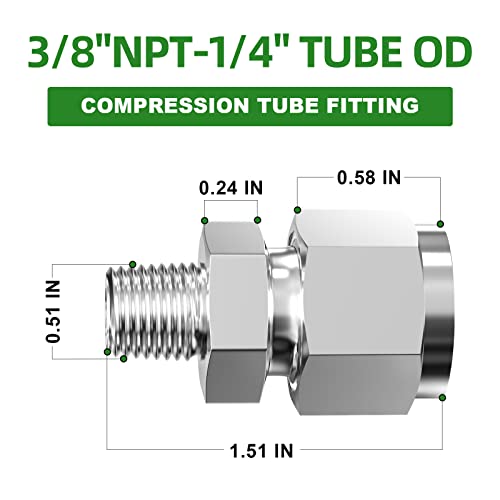 TAISHER 2PCS 304 Stainless Steel Compression Tube Pipe Fitting Connector, 3/8" Tube OD x 1/4" NPT Male Straight Adapter - size: 3/8" OD x 1/4" MNPT