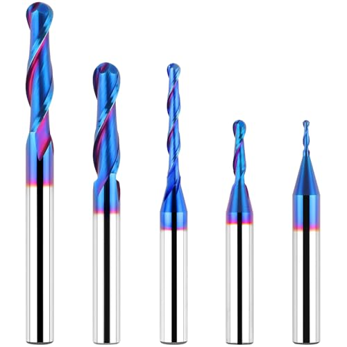 EANOSIC 1/4 Inch Shank Carbide Ball Nose End Mill Set (5 Pieces), CNC Router bits Milling Tools with Nano Blue Coating for Side Milling, End Milling, Finish Machining - size: 5 PCS Ball Nose Set