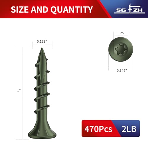#8 x 1 Inch Deck Screws (470Pcs) 2lb. Carbon Steel, Green, Flat Head, Rust Resistant epoxy Coated, with T25 Star Bit - color: Green, size: #8 x 1"