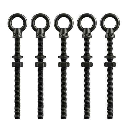 5 Pack Long Black Eye Bolts 1/4" x 4 Inch with Nuts & Washers, Heavy Duty T316 Stainless Steel Threaded Shoulder Eye Bolt, Marine Grade Rustproof Eyebolts for Metal & Thick Wood - size: 1/4'' x 4inch