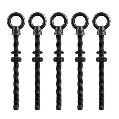 5 Pack Long Black Eye Bolts 1/4" x 4 Inch with Nuts & Washers, Heavy Duty T316 Stainless Steel Threaded Shoulder Eye Bolt, Marine Grade Rustproof Eyebolts for Metal & Thick Wood - size: 1/4'' x 4inch