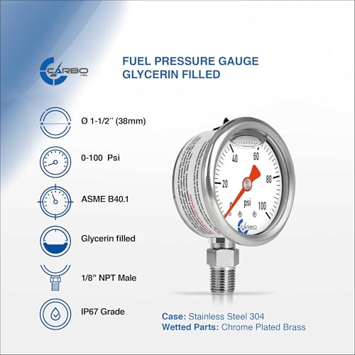 1-1/2" Fuel Pressure Gauge, Stainless Steel Case 304, Chrome Plated Brass Connection, Glycerin Filled, 0-100 Psi, Accuracy 3-2-3%, Lower Mount 1/8" NPT - size: 100 PSI, style: Lower Mount