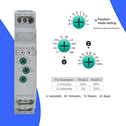 CNAODUN Multifunction Time Relay HYCRT8-M2 0.1s-10days 16A AC/DC 24-240V 2 Outputs10 Function Choices Time Delay Relay DIN Rail Mount Type - size: HYCRT8-M2,Multifunction Dual Outputs
