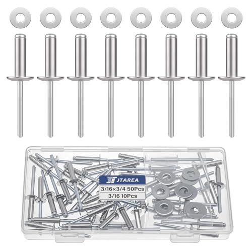 60pcs 3/16" x 3/4" Stainless Steel Pop Rivets with Stainless Steel Washers 4.8 x 20mm Blind Rivet Assortment Kit - size: 3/16*3/4
