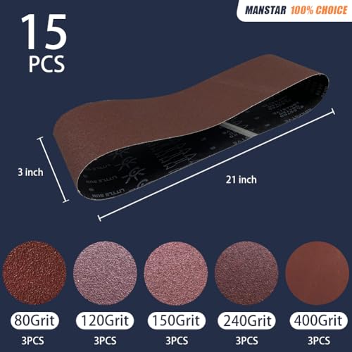 15 Pcs 3 x 21 Inch Assorted Aluminum Oxide Sanding Belt,80/120/150/240/400 Grit - size: 3x21(15pcs)