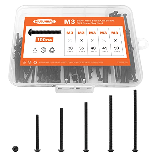 M3 x 30mm 35mm 40mm 45mm 50mm Button Head Socket Cap Screws Bolts, 10.9 Grade Alloy Steel, Black Oxide Finish, Metric Allen Hex Drive, Machine Fully Threaded, Assortment Kit 100PCS - size: M3 x 30/35/40/45/50mm (100PCS)