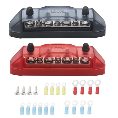 Recoil BBS43-P Bus Bar 4 M5 Studs 3 Screw Terminal Power Distribution Block - style: Pair of studs with 3 screws red and black 4xM5