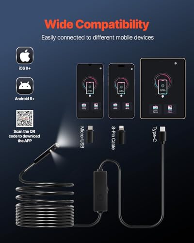 VEVOR Endoscope Camera with Light, Dual Lens Borescope for Android & iOS, 1920P HD Inspection Camera with 8 + 1 LED Light, 2X Zoom, 16.4FT Snake Cable, IP67 Waterproof Snake Camera for Auto, Plumbing - size: 16.4FT