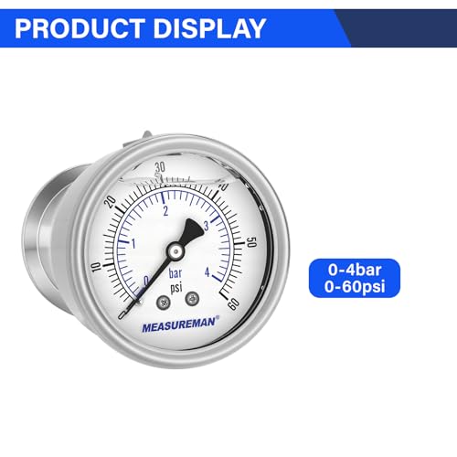 MEASUREMAN 2.5" Stainless Steel Sanitary Pressure Gauge, 0-60 PSI/bar (Dual Scale), Glycerin Filled, Back Mount with 1.5" Tri-Clamp Diaphragm Seal for Food/Beverage/Bio Pharma - size: 2.5",0-60 psi/bar, style: Back Mount