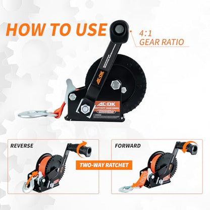1600lbs Heavy Duty Boat Trailer Winch with 26FT Strap, 2-Way Ratchet & 4:1 Gear Trailer Winch, Portable Hand Crank Winch for Boat, Truck, Trailer, RV, ATV, Jet Ski - color: Orange Strap