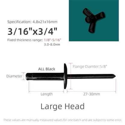 100pcs Aluminum Trifold Rivets, Black, 3/16"x3/4" Large Head (5/8" / 16mm)