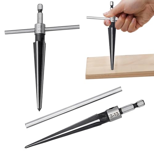 EMVANV 2Pcs Bridge Pin Hole Reamer, 3-13mm(1/8''-1/2'') & 5-16mm(½-5/8") T Handle Taper Reamer Set, 6 Fluted Chamfer Reaming Tool, Bridge Pin Hole Handle Tapered Reamers(Black Silver)