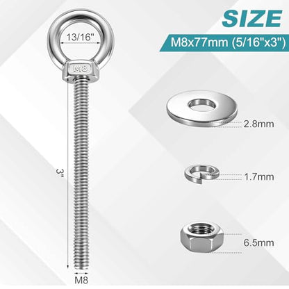304 Stainless Steel Eye Bolt, M8x77mm (5/16"x3") Heavy Duty Eye Bolts with Nuts Washers, 2 Pack Lifting Ring Eye Bolts Heavy Duty for Wood Mounting Indoor Outdoor Hanging - size: M8x77mm(5/16"x3")