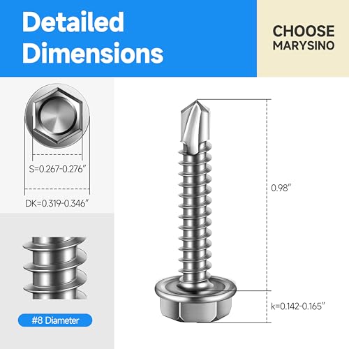 Self Drilling Screws for Metal, 100Pcs #8 x 1 Self Tapping Screws for Metal Plastic Wood, 410 Stainless Steel Hex Head Sheet Metal Screws, High-Strength Quick Self-Tapping Screws by Marysino - color: Silver (#8), size: 1"