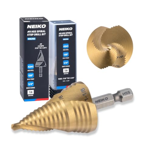 NEIKO 10629A Step Drill Bit, 2 Steps 7/8" to 1-1/8" Spiral High Speed Steel, Titanium Nitride Coated, 1/4" Quick Change Step Bits for Steel, Metal, Wood, Plastic, Unibit Cone Drill Bits, Two Flute - size: #9 (7/8 - 1-1/8", 2S), style: Spiral