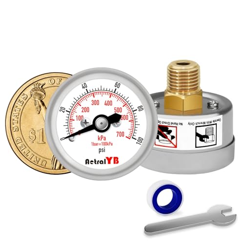 100Psi/700Kpa Mini Pressure Gauge,Stainless Steel Housing,Brass Internal,1.2 Inch Dial,NPT 1/8" Back Mount,Dry Type, Lead-Free Material,for Air,Water,Oil Pressure Test - size: 0-100PSI