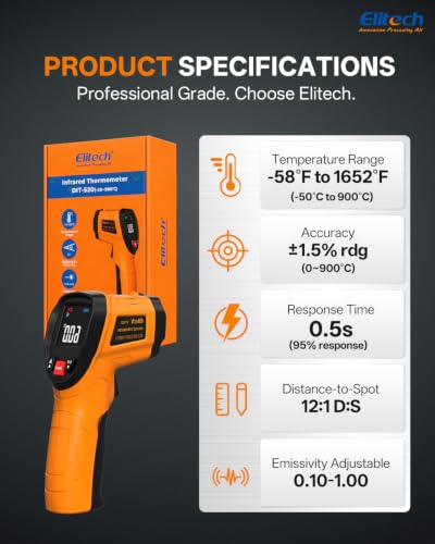 Elitech DIT‑520 Laser Temperature Gun 1652°F, 900°C Infraed Thermometer - color: -50 to 900°C