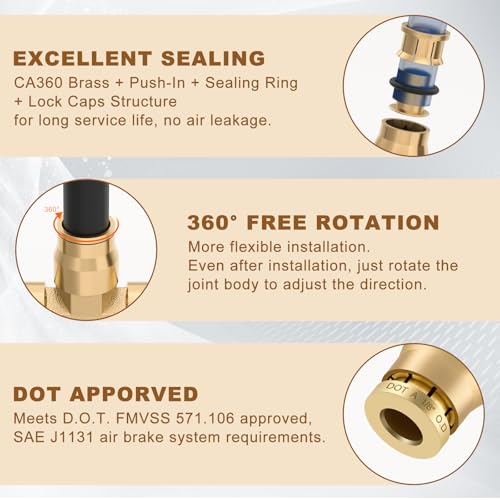 1/8" Brass Union Tee, DOT Approved 3-Way Air Line Connector 5PCS - size: 1/8" OD 5PCS, style: Tee