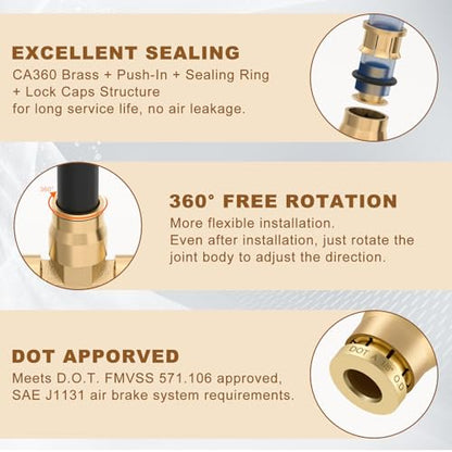 1/8" Brass Union Tee, DOT Approved 3-Way Air Line Connector 5PCS - size: 1/8" OD 5PCS, style: Tee