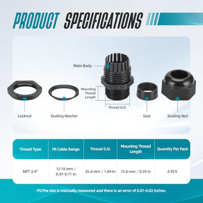 6 Pcs 3/4" NPT Cable Glands Waterproof Strain Relief Connector - color: 6 Pcs 3/4" NPT