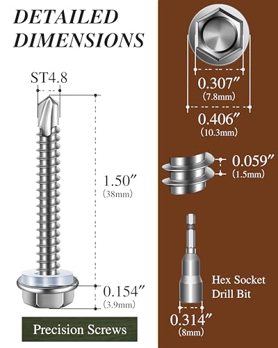 50PCS #10 x 1-1/2" Self Drilling Screws, Self Tapping Screws for Metal, 410 Stainless Steel Hex Washer Head Sheet Metal Screw, Bright Finish with 8mm Hex Socket - color: Silver, size: #10 x 1-1/2"