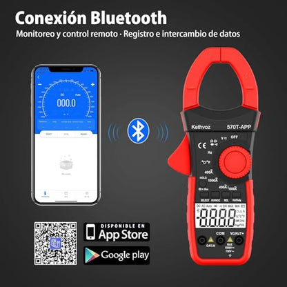 Kethvoz 570T-APP Digital Clamp Meter, 4000 Counts Bluetooth Multimeter, 1000A AC/DC Amp Voltage Tester, Measures Ohms, Capacitance, Frequency, Temperature, Diode, Continuity Test with Data Logging