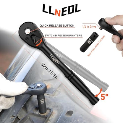 LLNEDL 1/4 Inch Drive Impact Socket Set, 83Pcs Socket Wrench Set Metric & SAE from 4-15mm, 5/32-9/16", 6 Point CR-V Deep & Shallow Sockets Kit with 72T Ratchet Handle, E Torx, for Automotive & Home - size: 83pcs 1/4 inch socket set