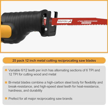 25 Pack 12 Inch 6/12 Tpi Reciprocating Saw Blades Bi-Metal with Perma-Shield Coating Stud and Nail Saw-zall Blades Saw-zall Blades for Cutting Embedded Wood Metals PVC Pallets etc - size: 6/12 Tpi