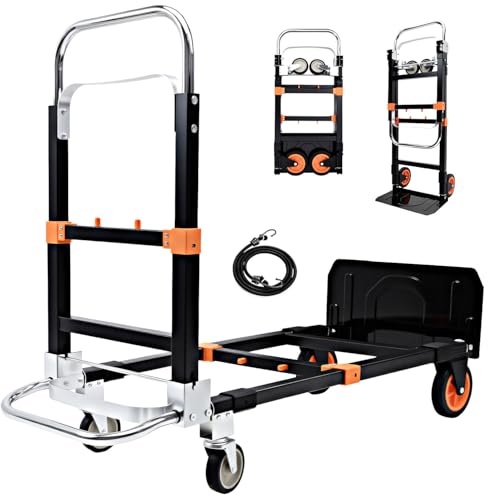 SST 600 LB Heavy Duty 3 in 1 Tool Free Folding Hand Truck Dolly Cart, Upgraded Foldable Luggage Cart with Wheels & Bungee Cords for Moving Travel Home Office, Car Seat Appliance Collapsible Commercial - color: Orange Black