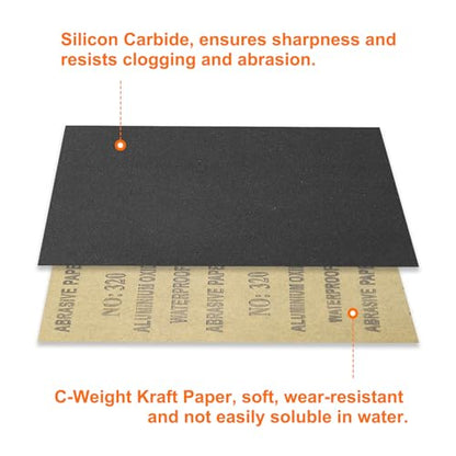 HARFINGTON 25pcs Sandpaper 320 Grit 9 x 11 Inch C-Weight Backing Silicon Carbide Abrasive Wet Dry Sanding Sheets for Wood Finishing, Metal Sanding, Automotive Polishing - size: 320 Grits