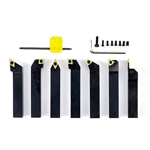 Indexable Lathe Turning Tool-3/4" Shank 7 Pieces Carbide Turning Tool Set,CNC Heavy-Duty Metal Lathe Cutting Tools for Turning Grooving Threading Cutting with Tin Coated Carbide Inserts